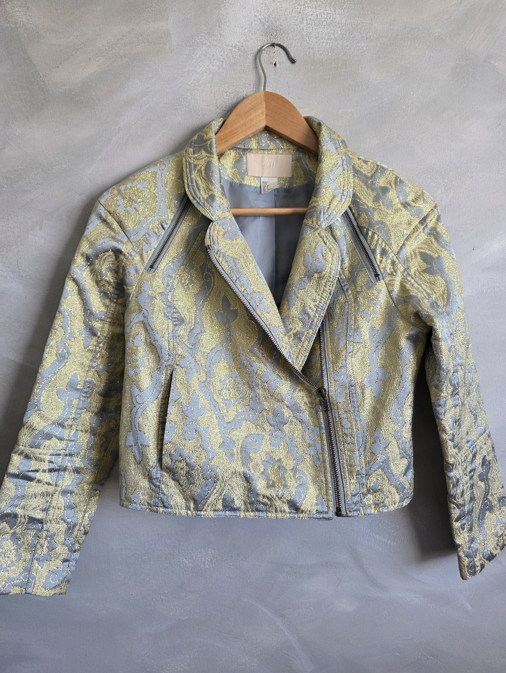 H&M Pale Blue and Gold Lurex Side Zipper Cropped Jacket Sz 4